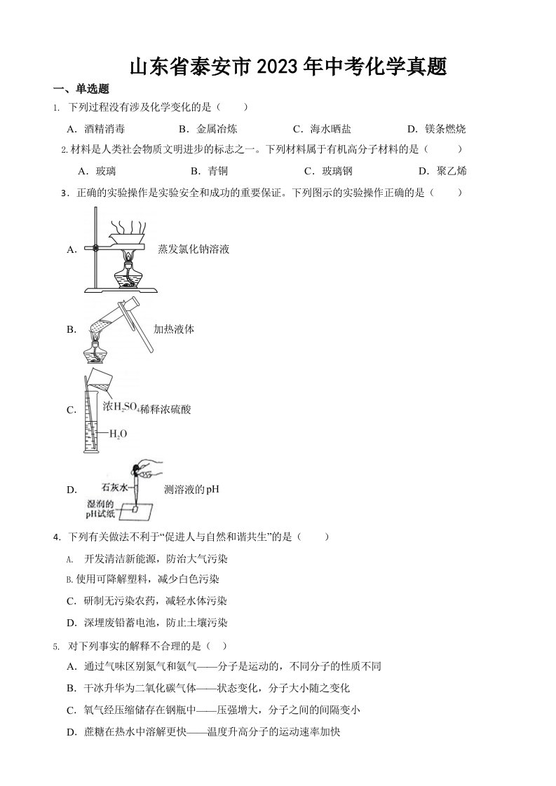 山东省泰安市2023年中考化学真题及答案