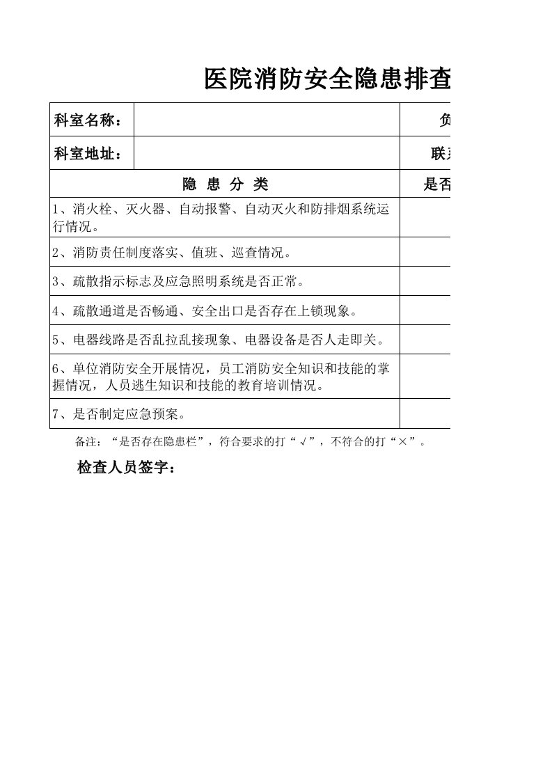 医院消防安全隐患排查记录表单