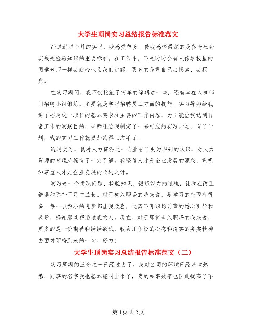 大学生顶岗实习总结报告标准范文（二篇）