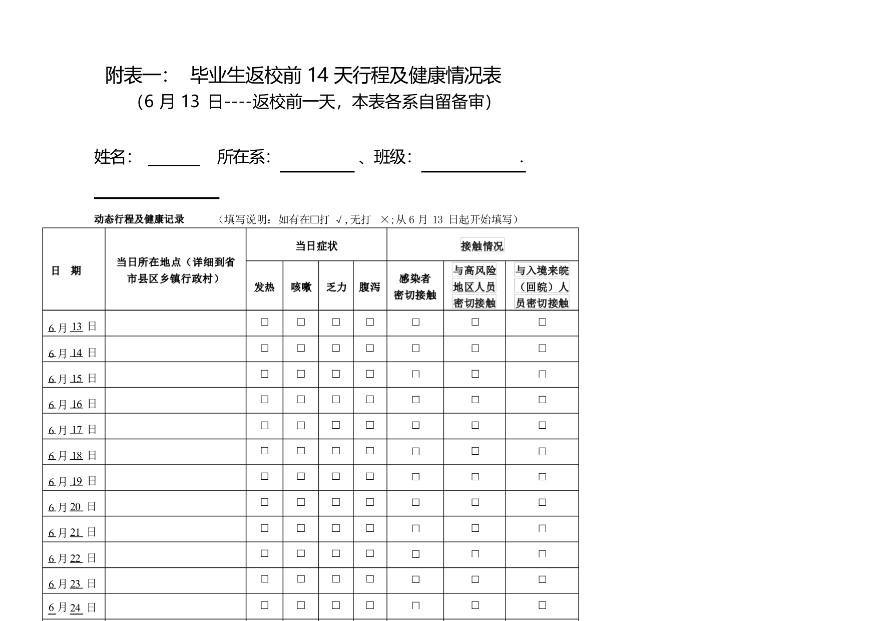 附表一：毕业生返校前14天行程及健康情况表【模板】