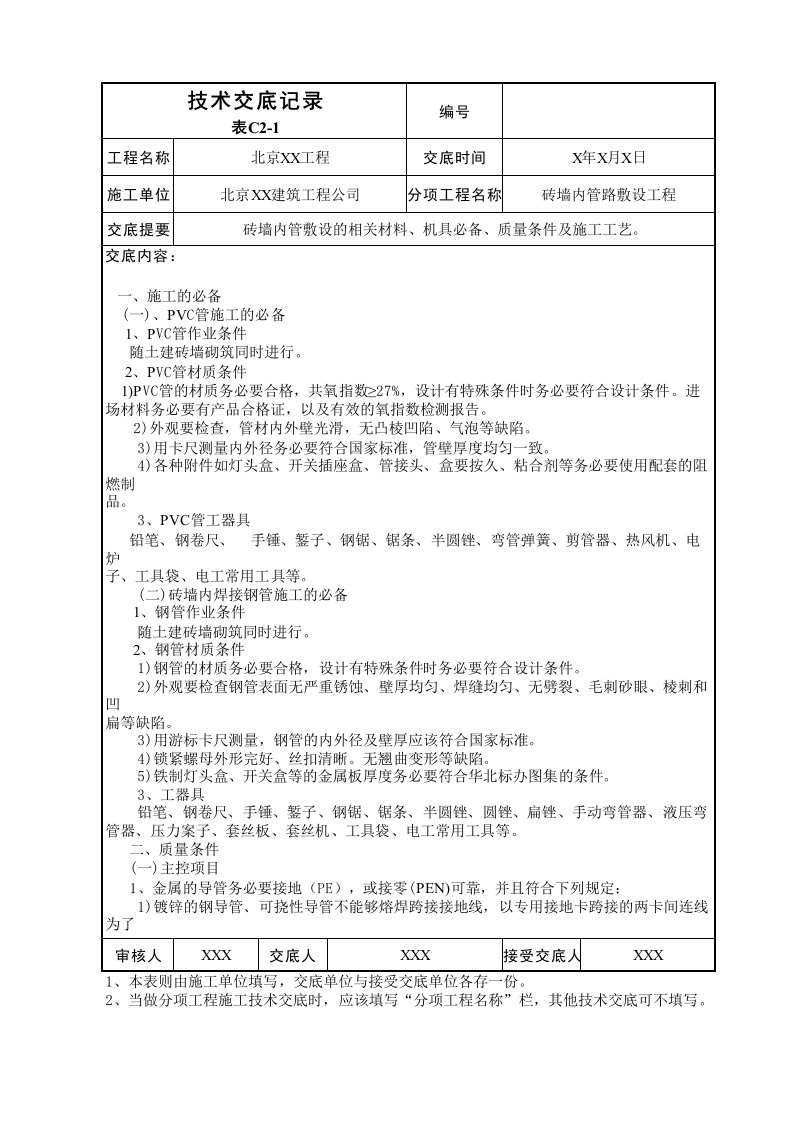 砖墙内管路敷设工程技术交底表