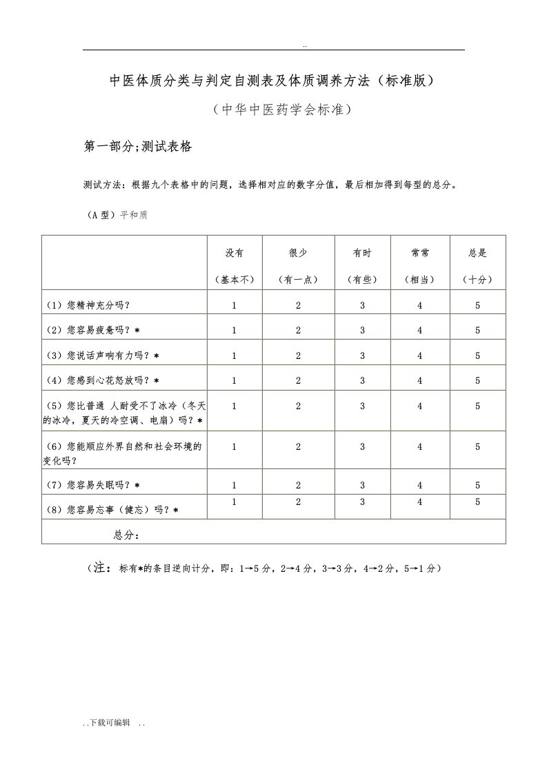 中医体质分类与判定自测表与体质调养方法(标准版)