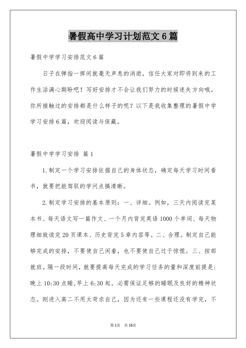 暑假高中学习计划范文6篇