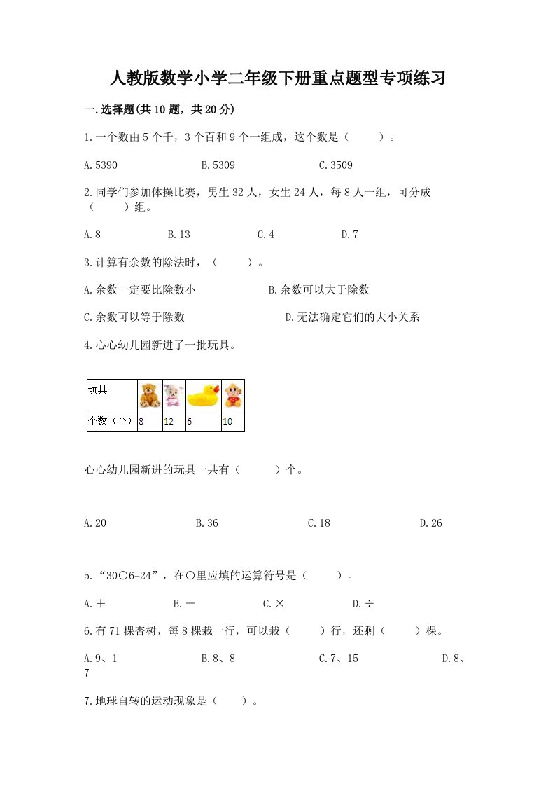 人教版数学小学二年级下册重点题型专项练习加答案（名师系列）