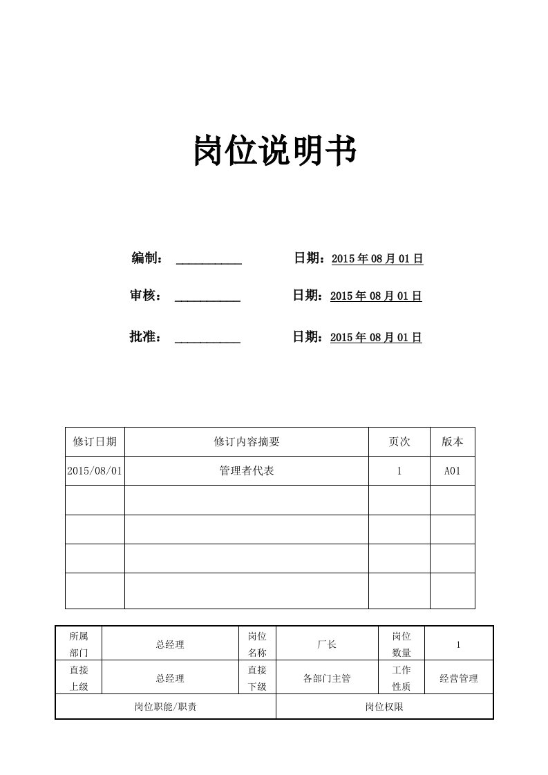 深圳市金色阳光科电有限公司岗位职责说明书