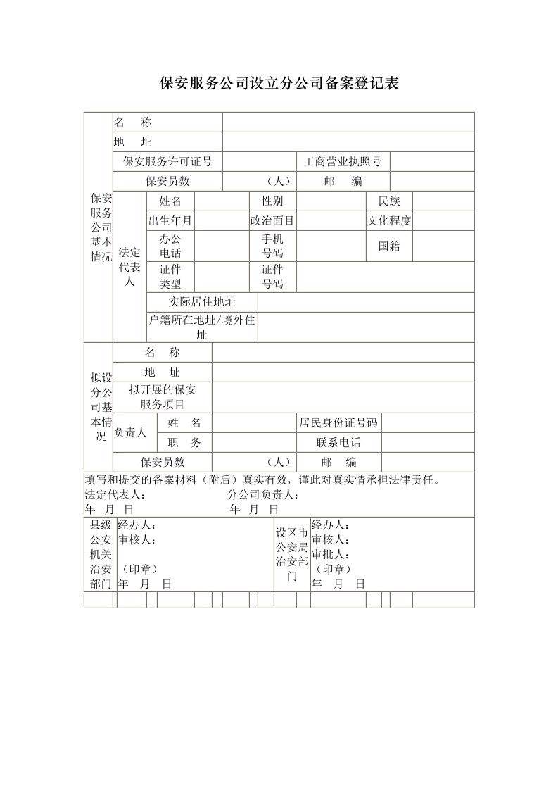 保安服务公司设立分公司备案登记表