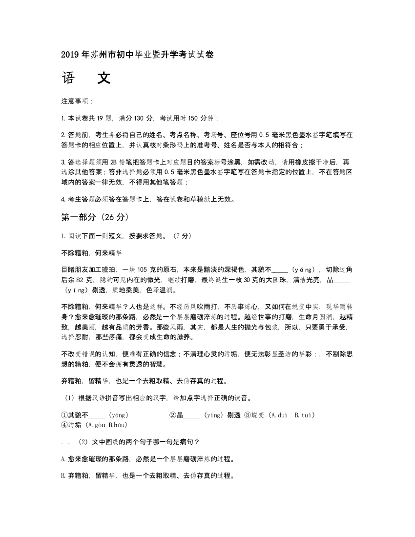 2019年江苏省苏州市中考语文试题