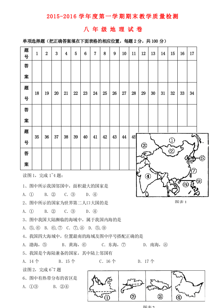 （小学中学试题）八年级地理上学期期末教学质量检测试卷(无答案)