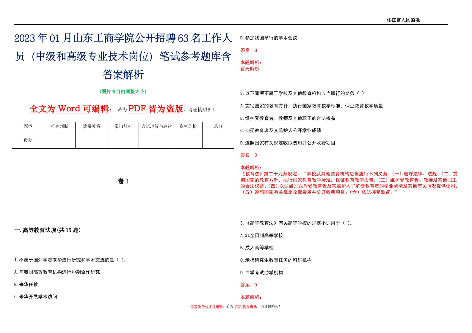 2023年01月山东工商学院公开招聘63名工作人员（中级和高级专业技术岗位）笔试参考题库含答案解析