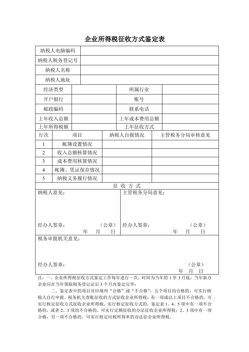 企业所得税征收方式鉴定表