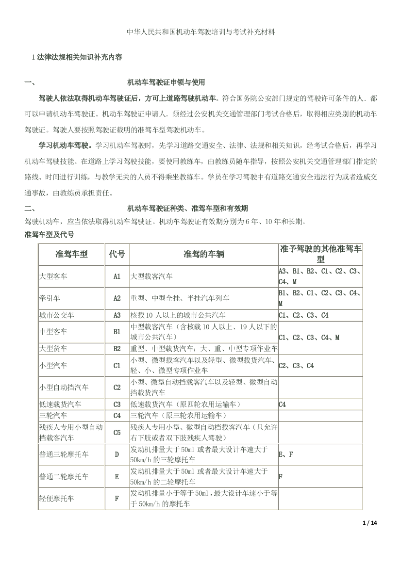 中华人民共和国机动车驾驶培训与考试补充材料