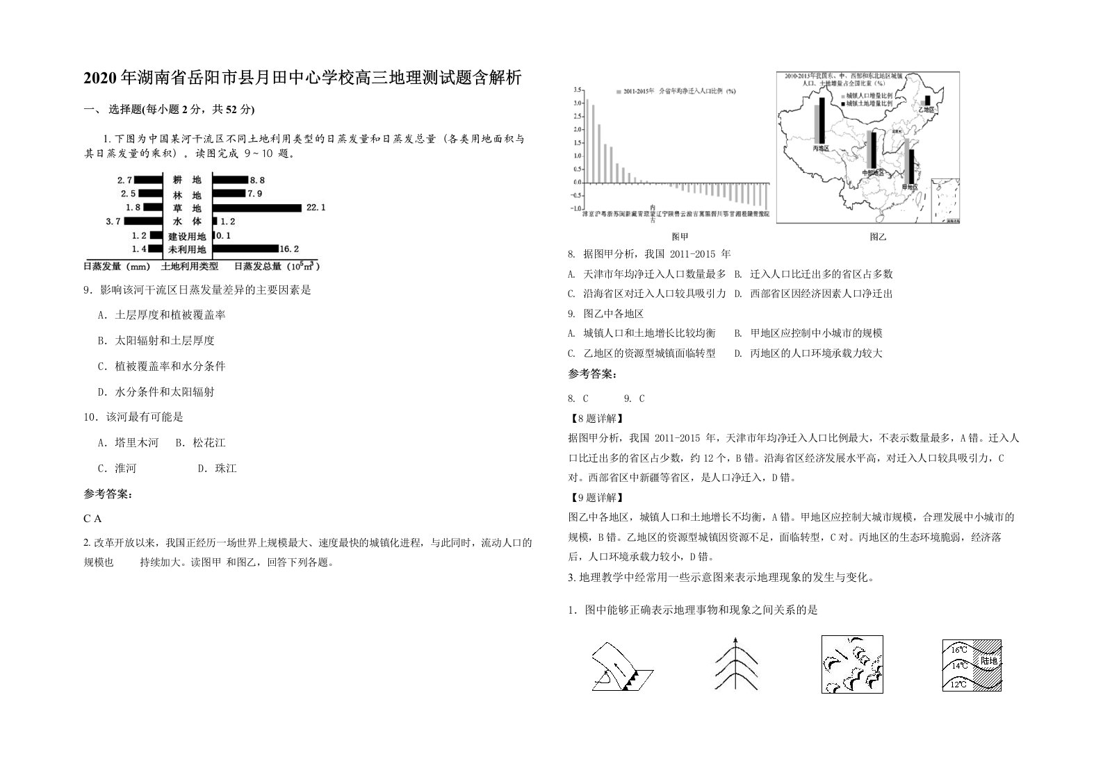 2020年湖南省岳阳市县月田中心学校高三地理测试题含解析