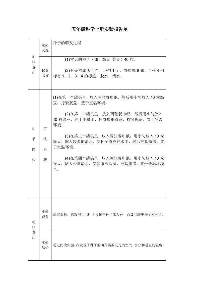 小学科学科学实验报告单