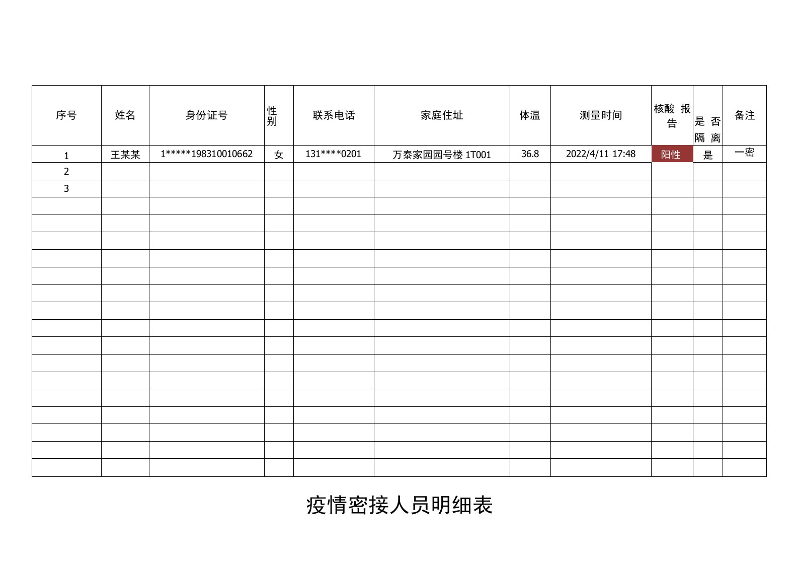 疫情密接人员明细表