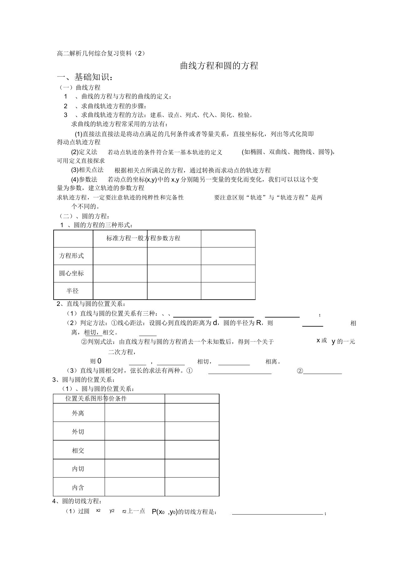 高二数学解析几何综合复习资料：曲线方程和圆的方程