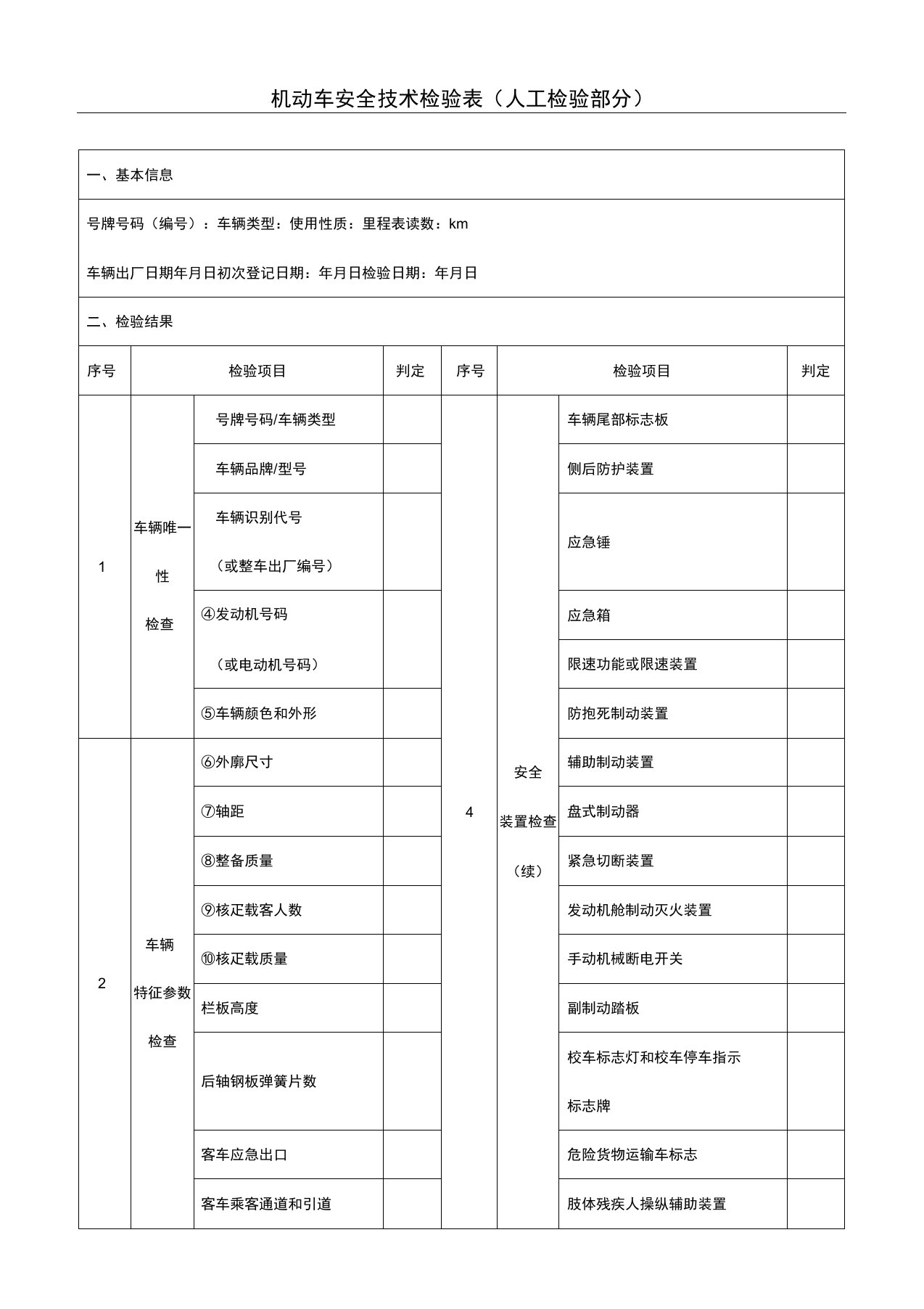 机动车安全技术检验表(人工检验部分)