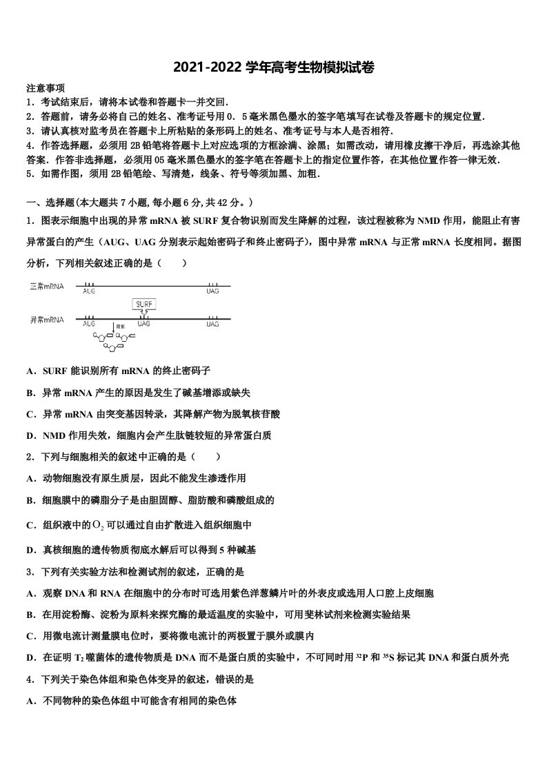 2022年四川省眉山第一中学高三下学期第六次检测生物试卷含解析