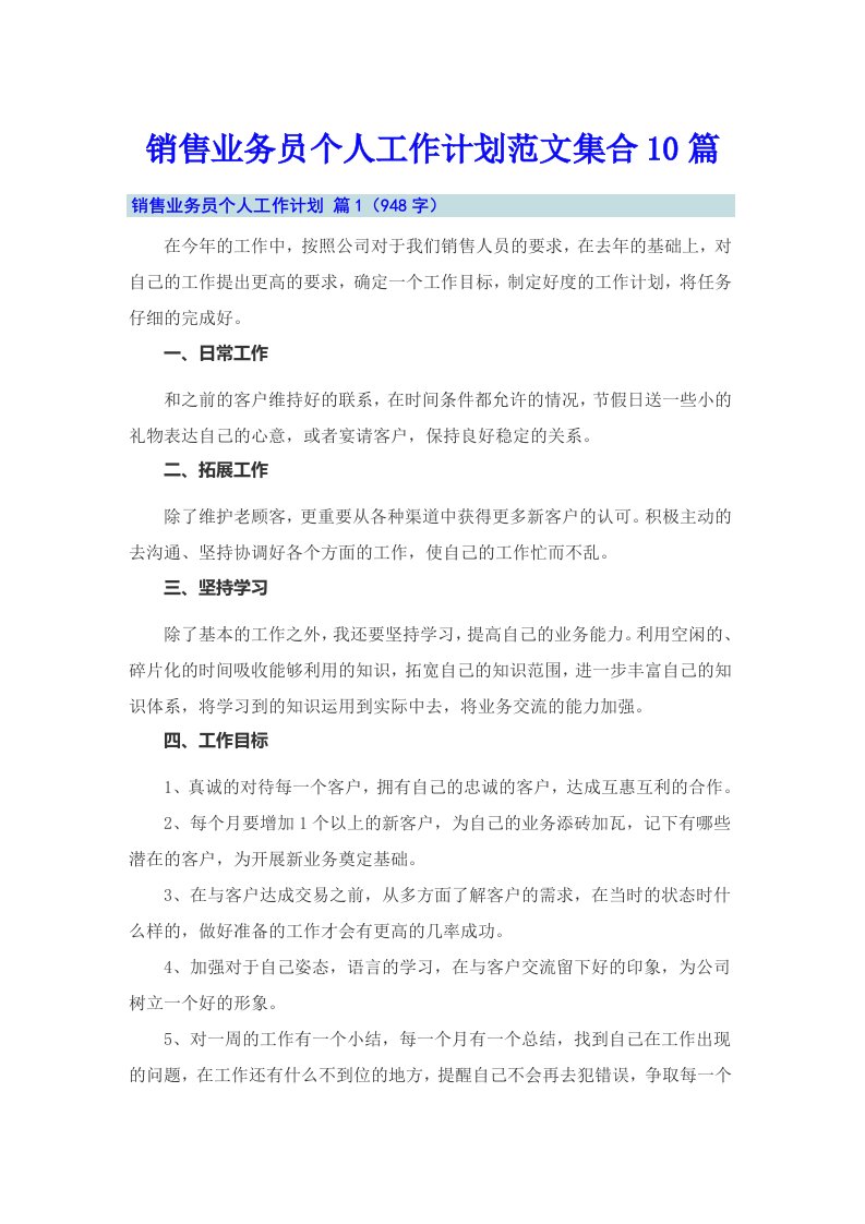 销售业务员个人工作计划范文集合10篇