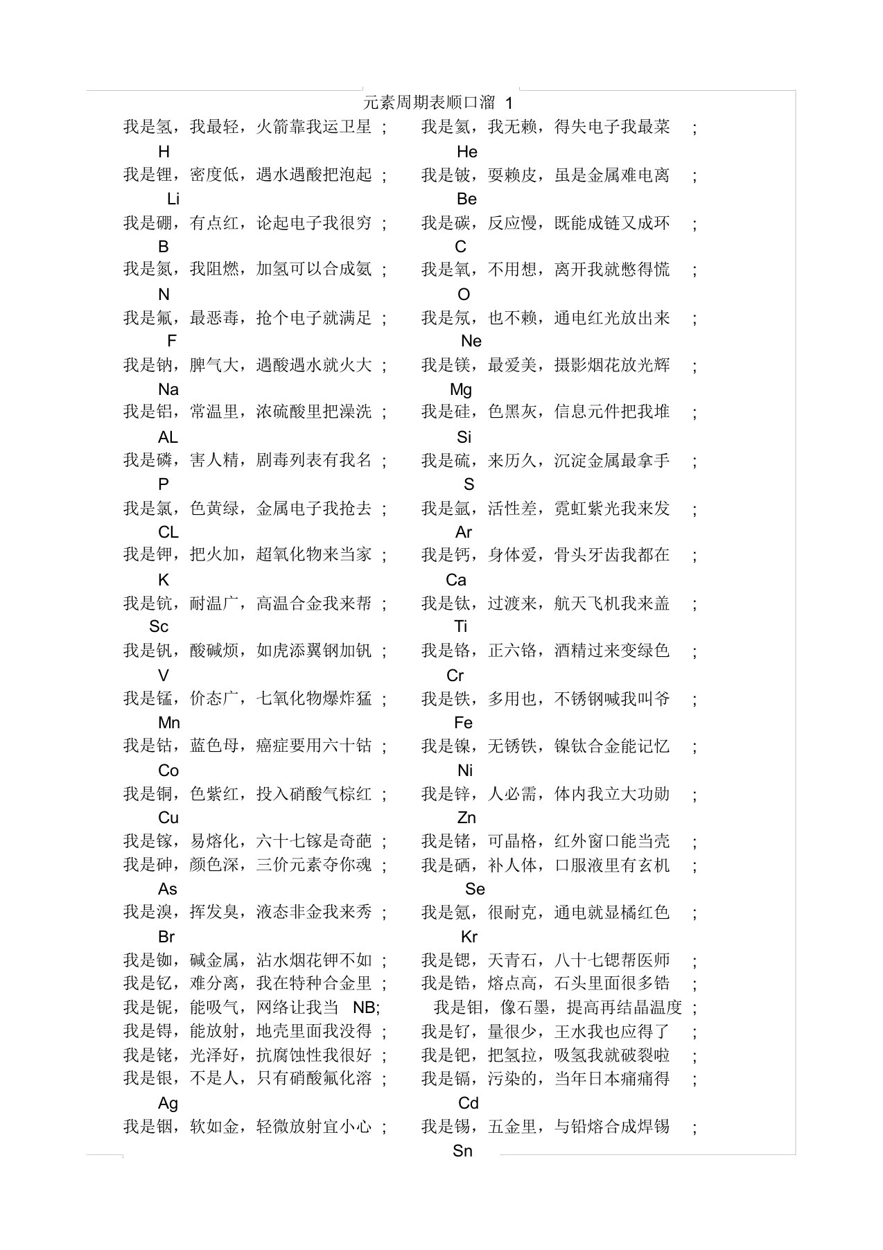 初中化学：元素周期表顺口溜1