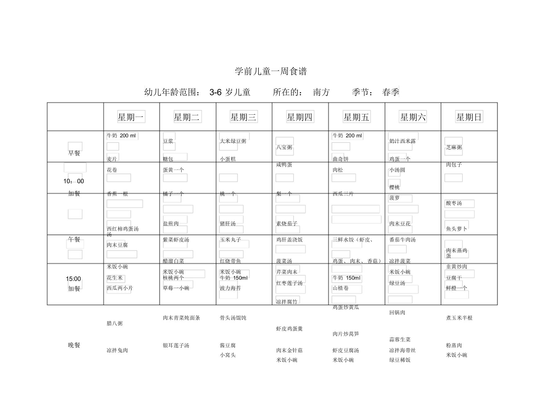 《学前儿童卫生保健》形考任务一学前儿童一周食谱