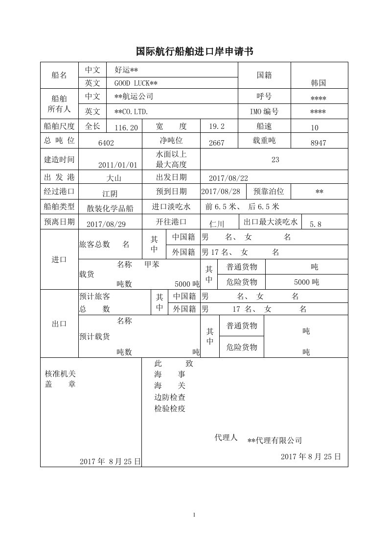 国际航行船舶进口岸申请书