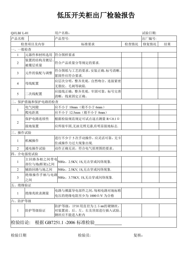 低压开关柜出厂检验报告