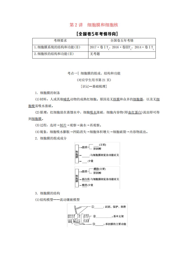 2019版高考生物一轮复习第2单元细胞的结构和功能第2讲细胞膜和细胞核学案苏教版