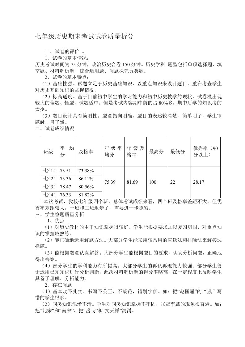 七年级历史期末考试试卷质量分析