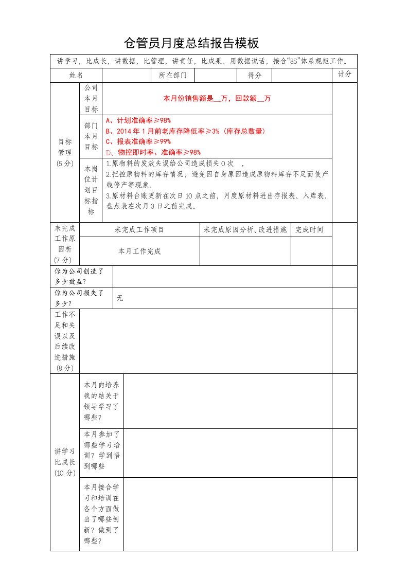 仓管员月度总结报告模板，仓库工作汇报格式与评分标准