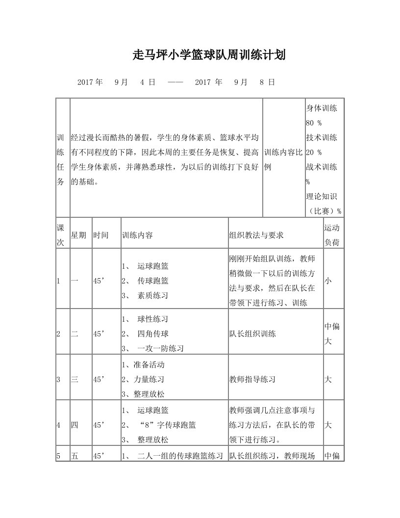 2017年秋季走马坪小学篮球队周训练计划