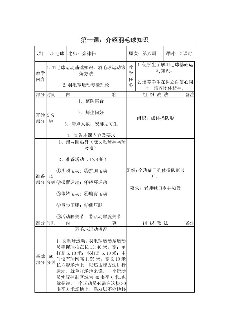 羽毛球课程优秀教案全