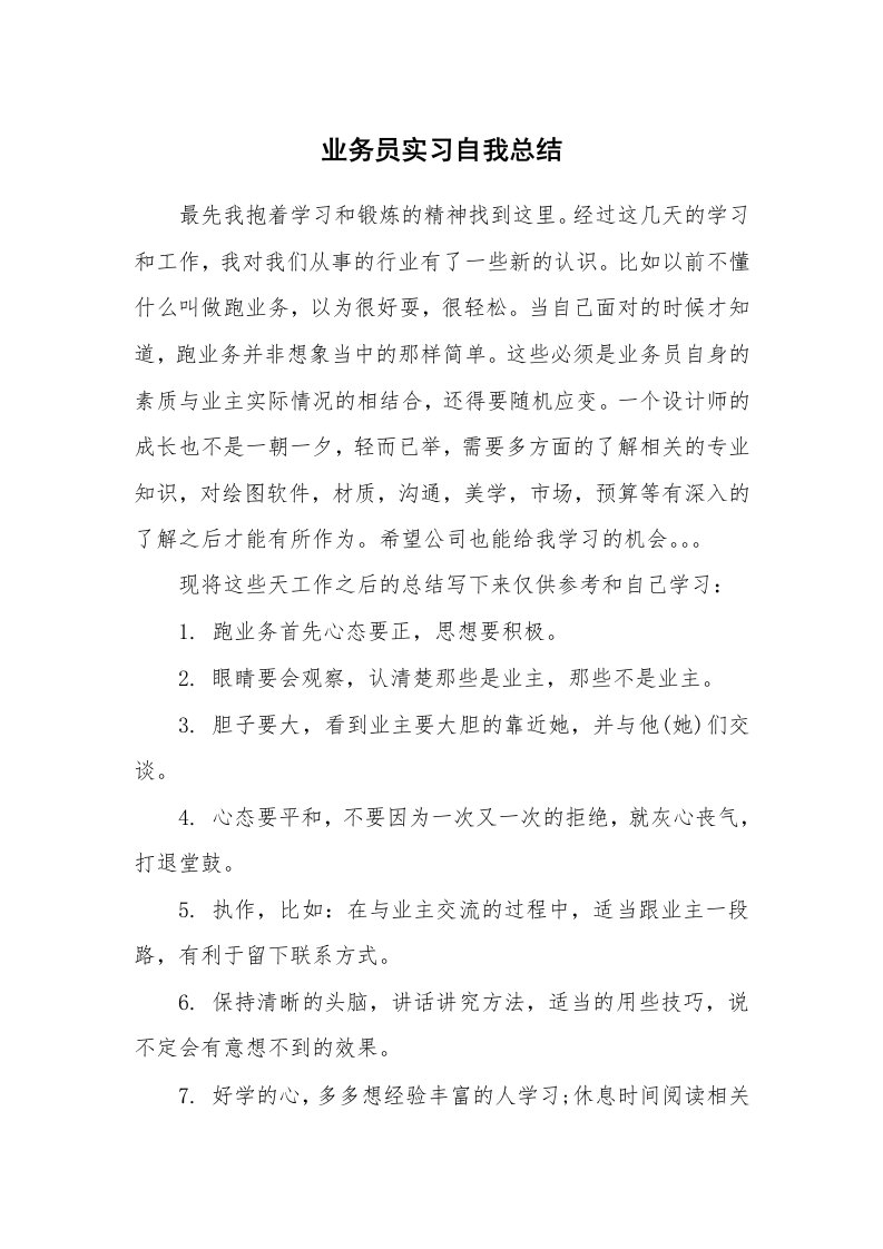 工作总结_138910_业务员实习自我总结