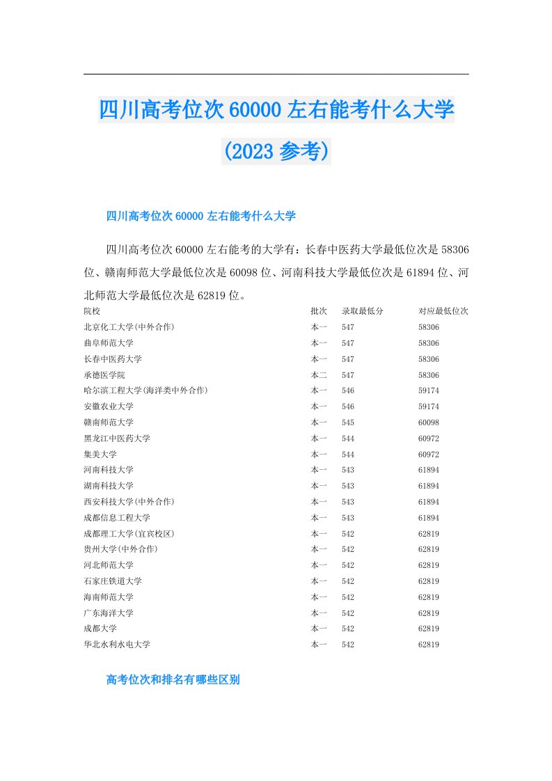 四川高考位次60000左右能考什么大学(参考)