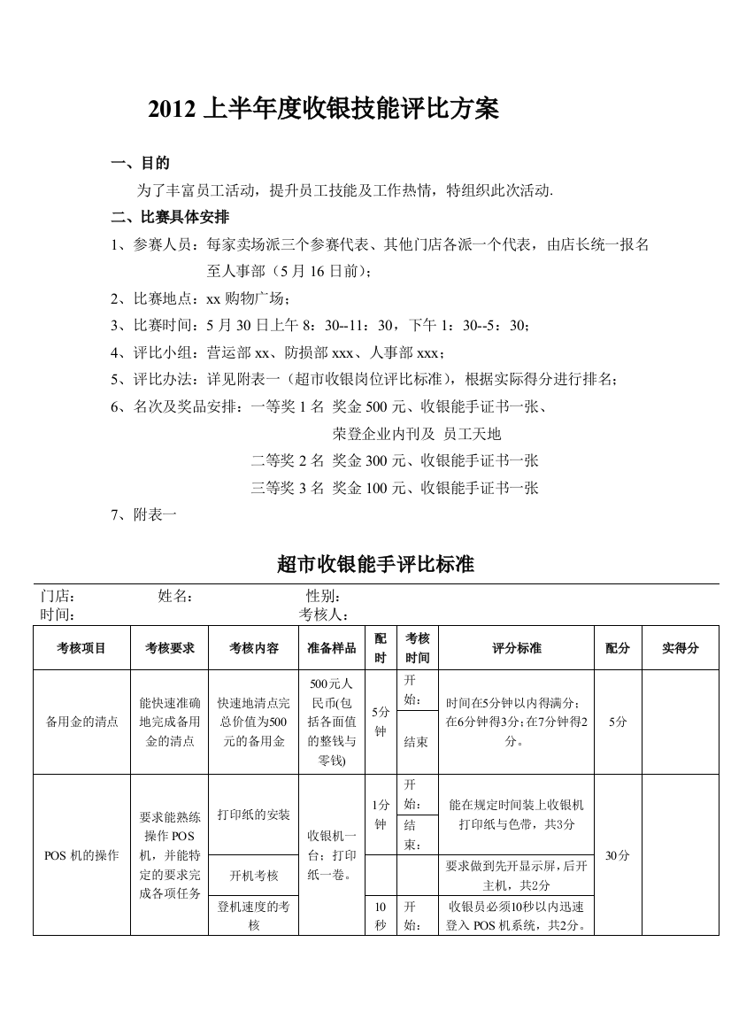 收银评比方案