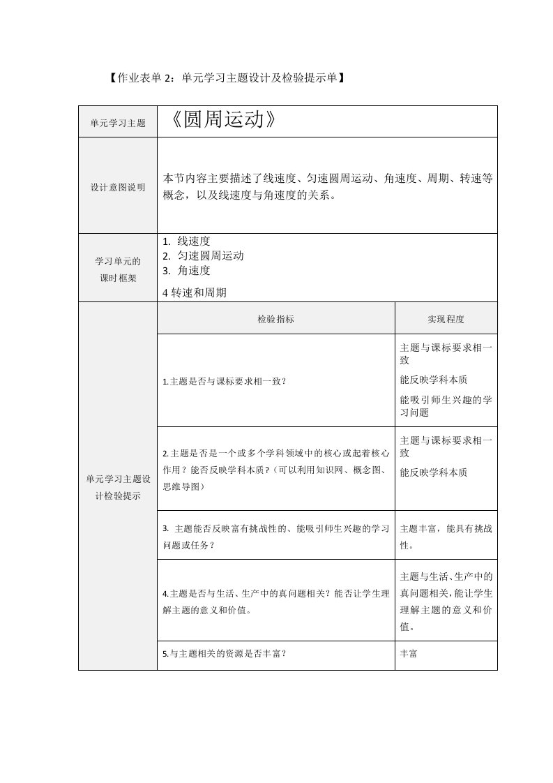 《圆周运动》单元学习主题设计及检验提示单