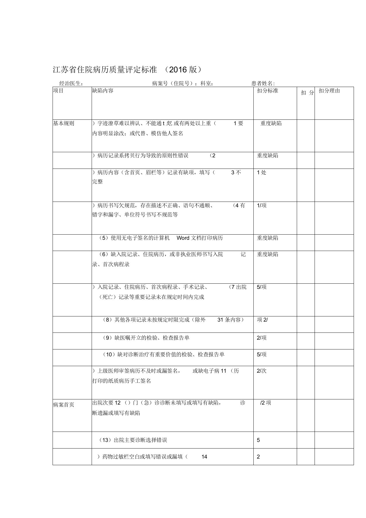 江苏省住院病历质量评定标准