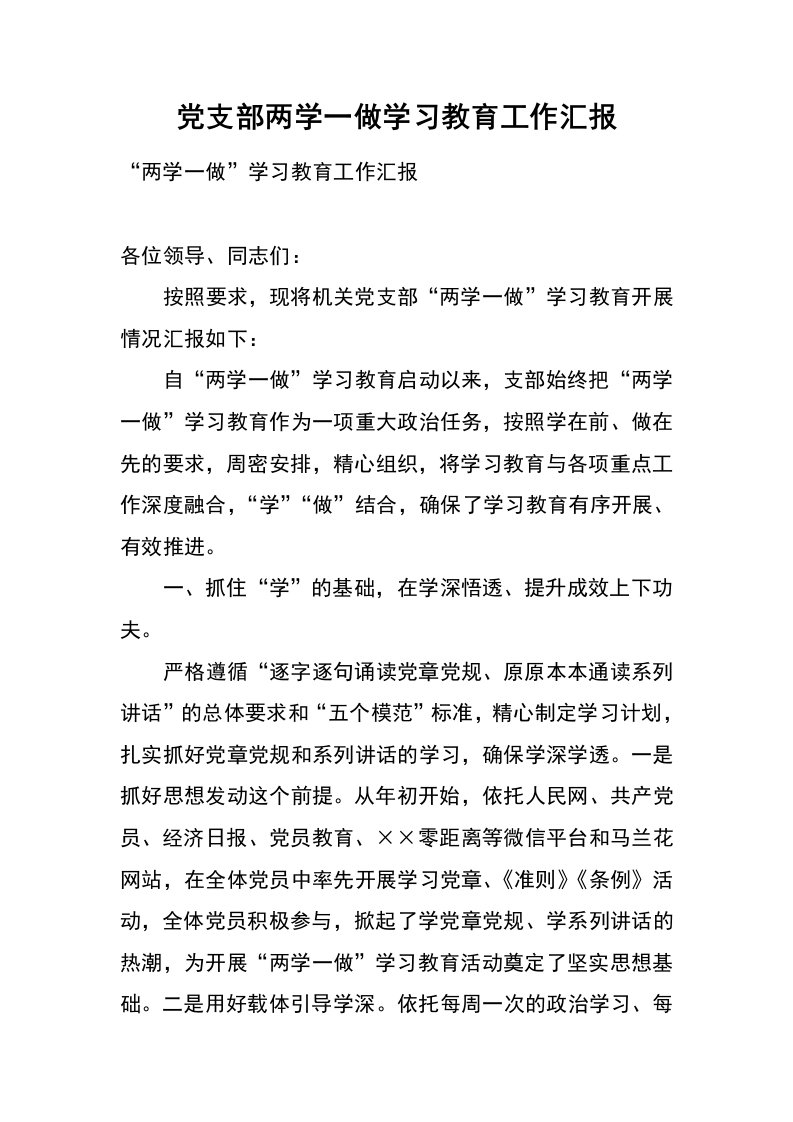 党支部两学一做学习教育工作汇报