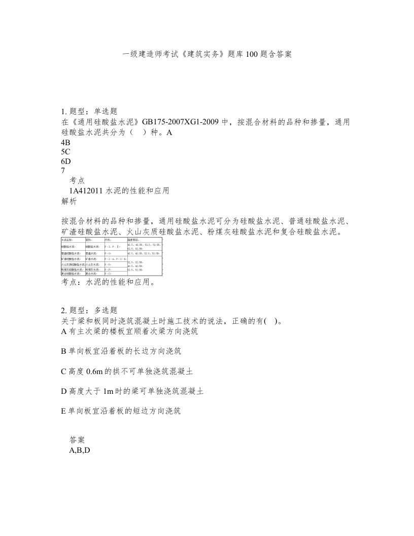 一级建造师考试建筑实务题库100题含答案第317版