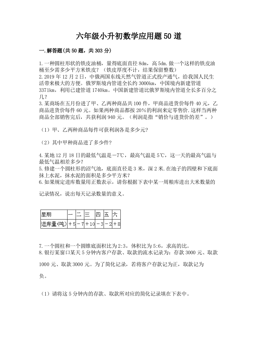 六年级小升初数学应用题50道附下载答案