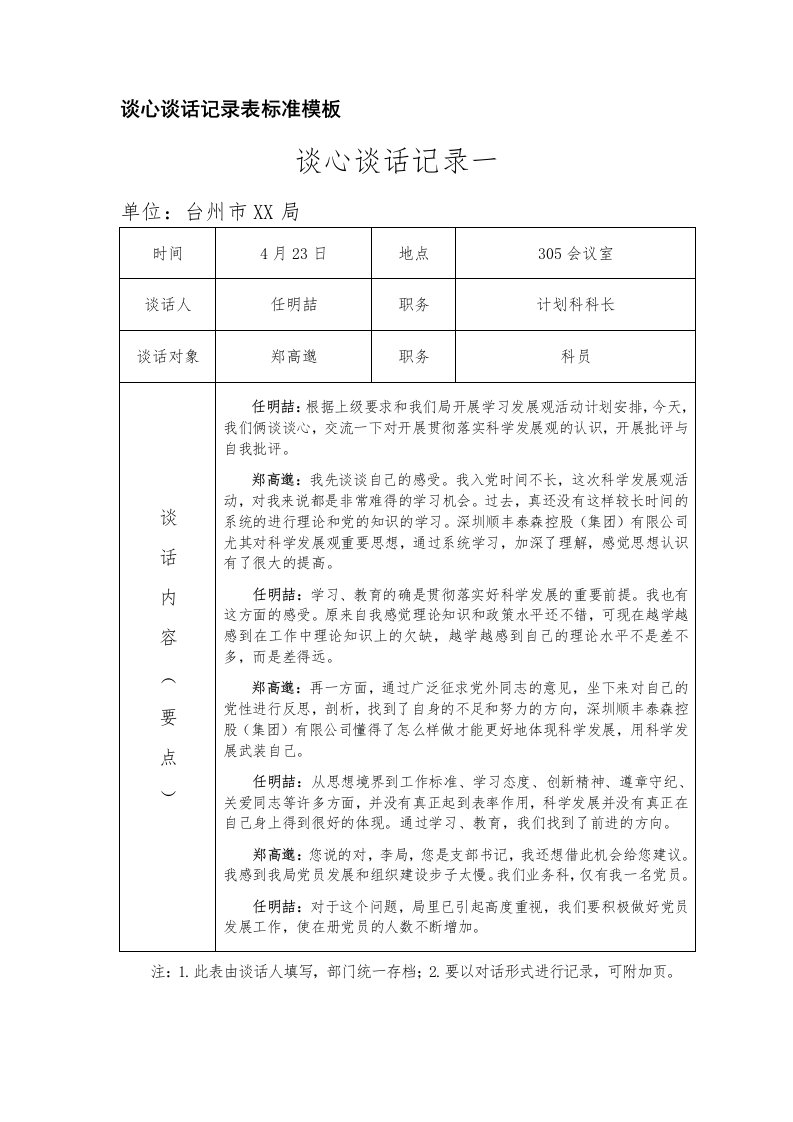 谈心谈话记录表标准模板