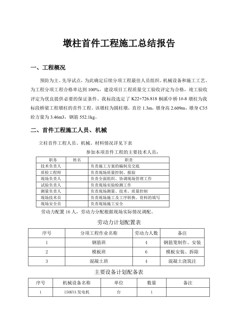 墩柱首件工程施工总结报告(上传)