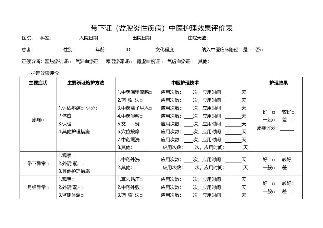 带下证（盆腔炎性疾病）中医护理效果评价表