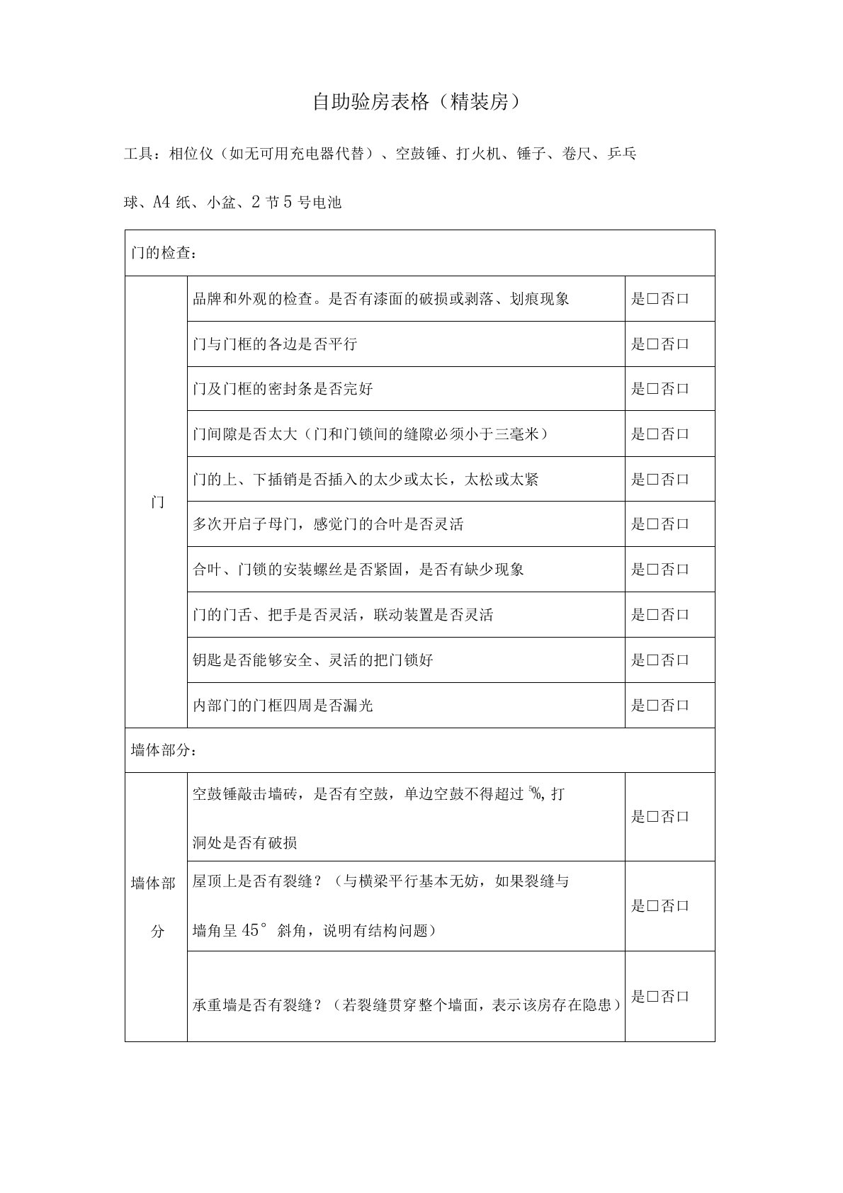 精装修验房最全表格