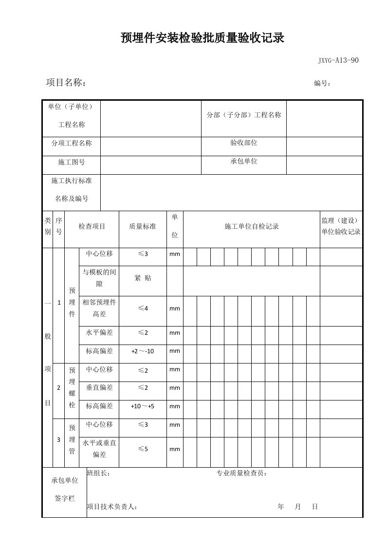 预埋件安装检验批质量验收记录