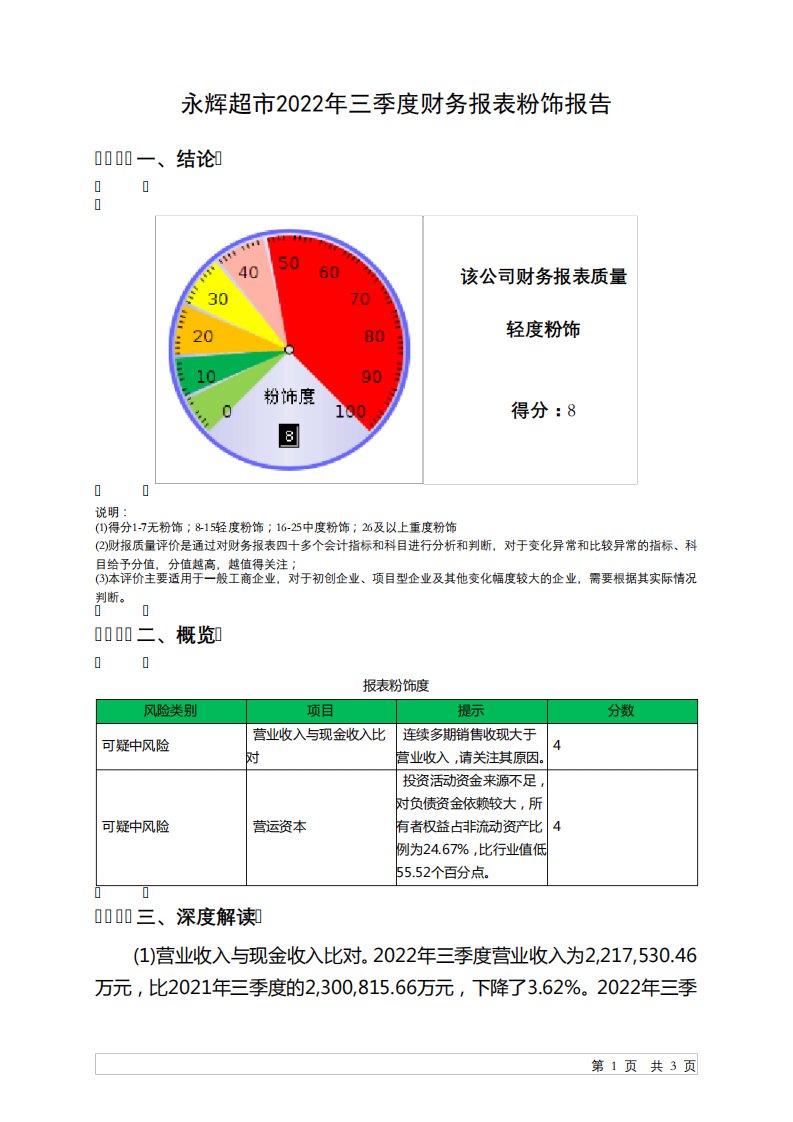 601933永辉超市2022年三季度财务报表粉饰报告