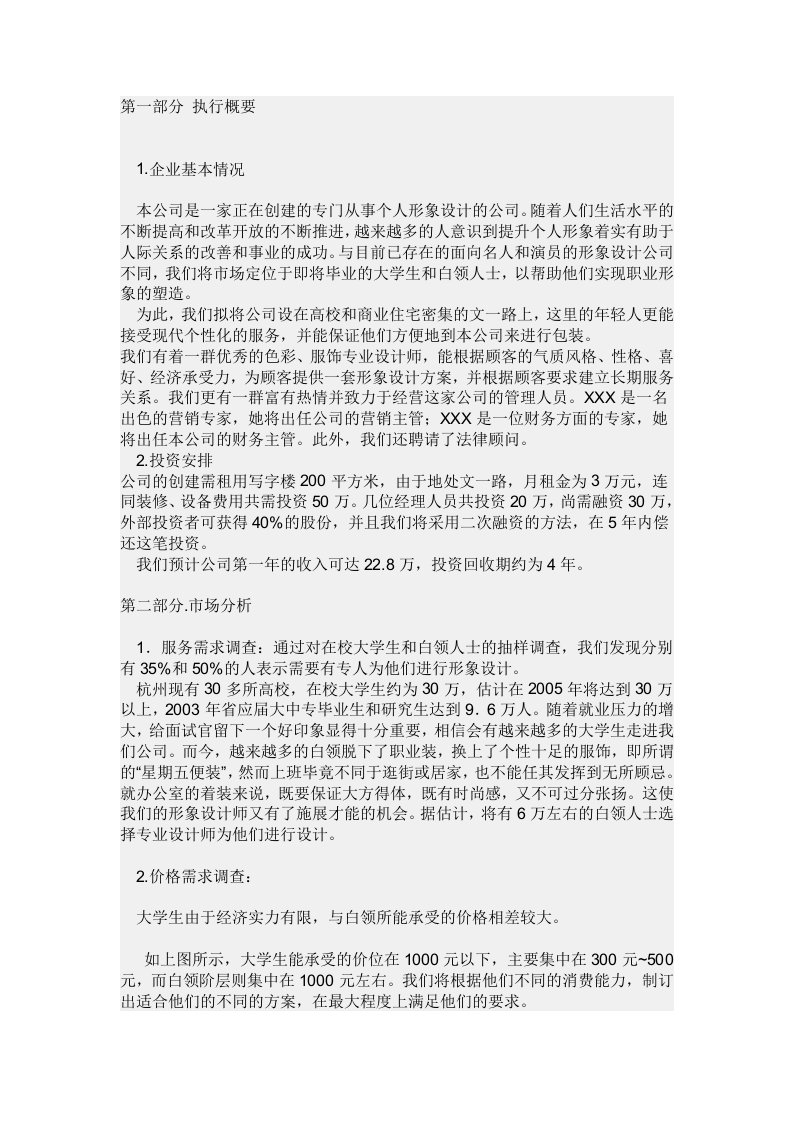 1.个人形象设计公司商业计划书