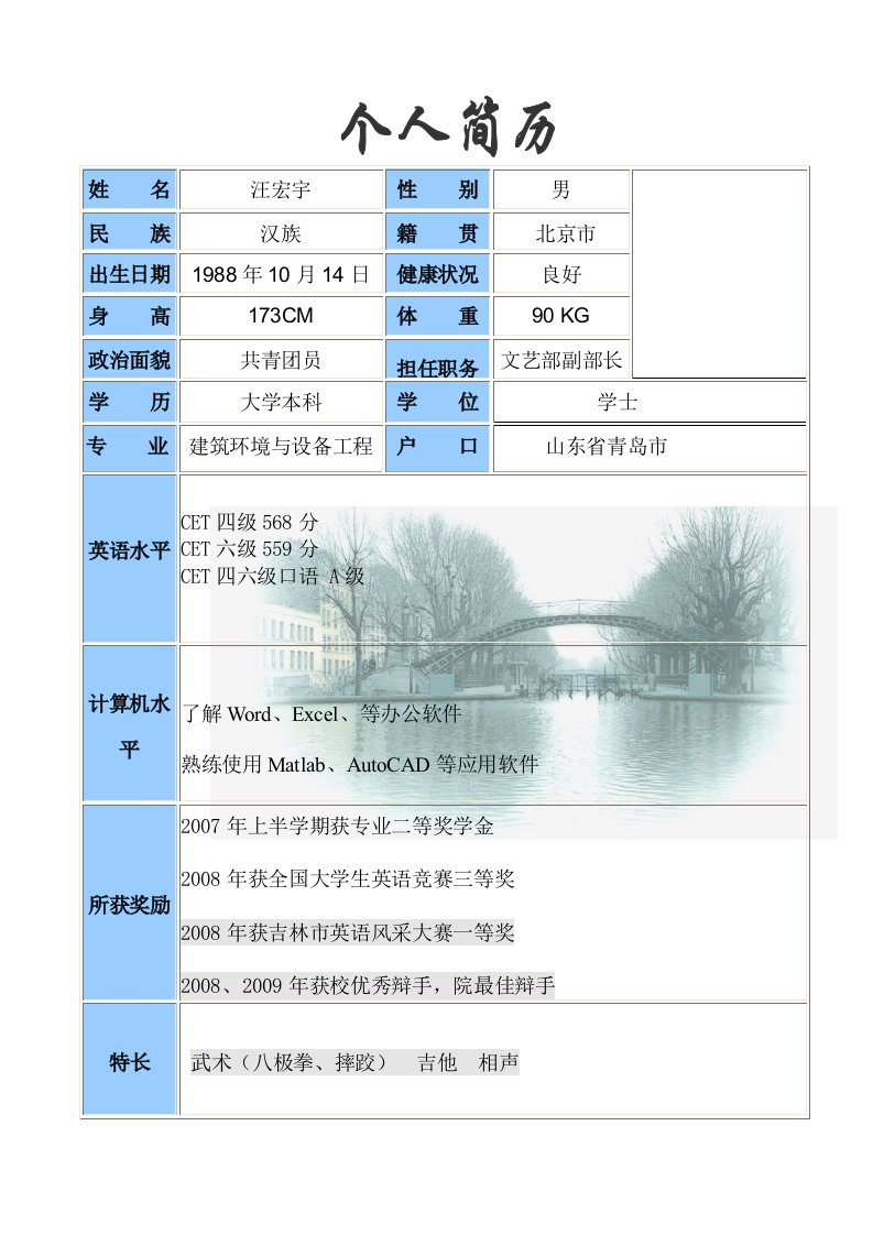 东北电力大学简历标准模版