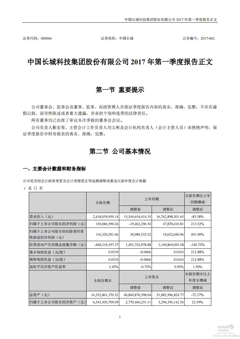 深交所-中国长城：2017年第一季度报告正文-20170429