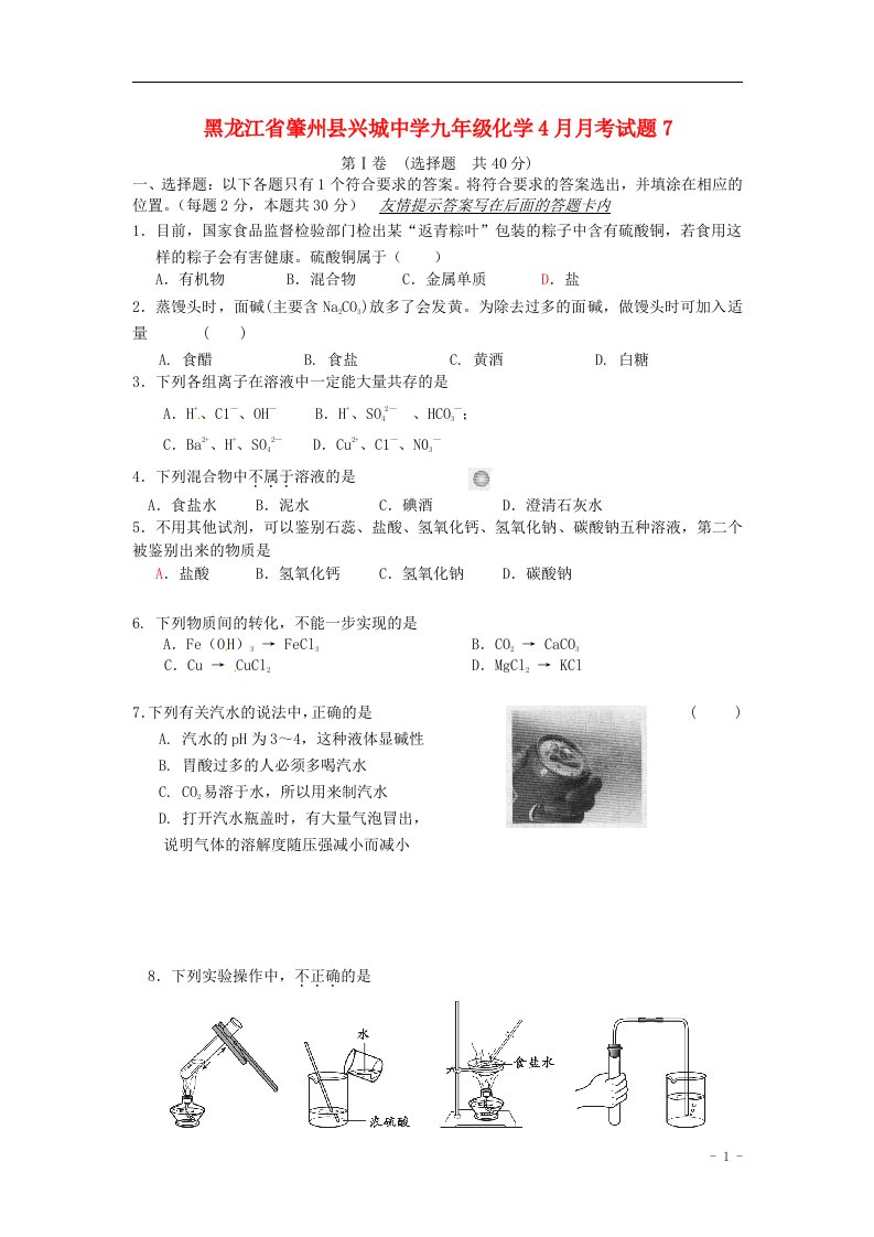 黑龙江省肇州县兴城中学九级化学4月月考试题7