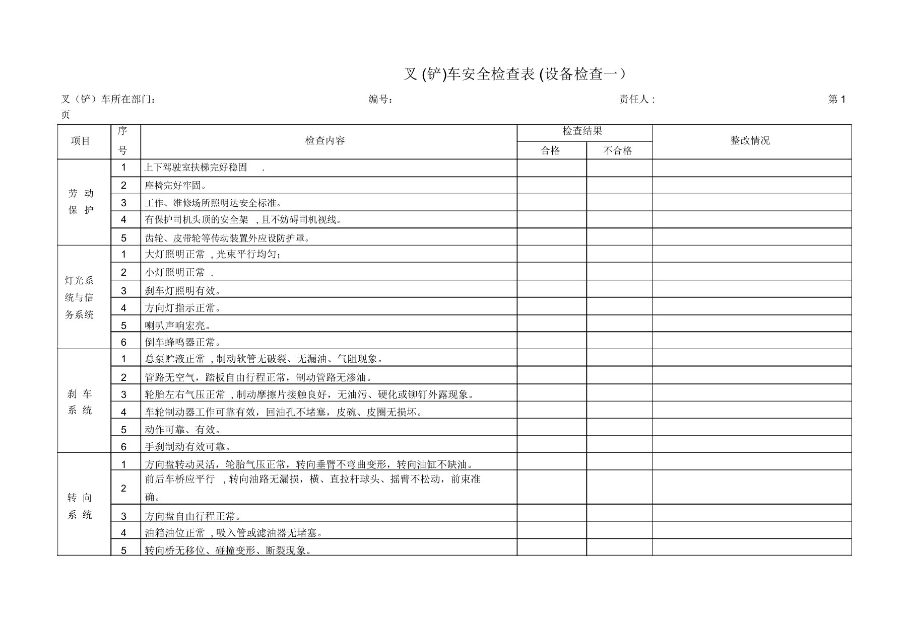 叉车安全检查表